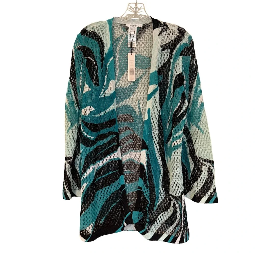 Chicos Palms‎ Mesh Cardigan Sweater Women's Large Teal Tropical Resortwear Boho - Picture 5 of 14